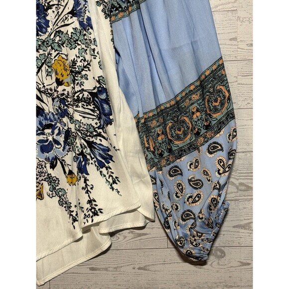 Free People Blue White Positano Print Peasant Floral Boho Blouse L/G, MSRP $128 - Picture 5 of 15